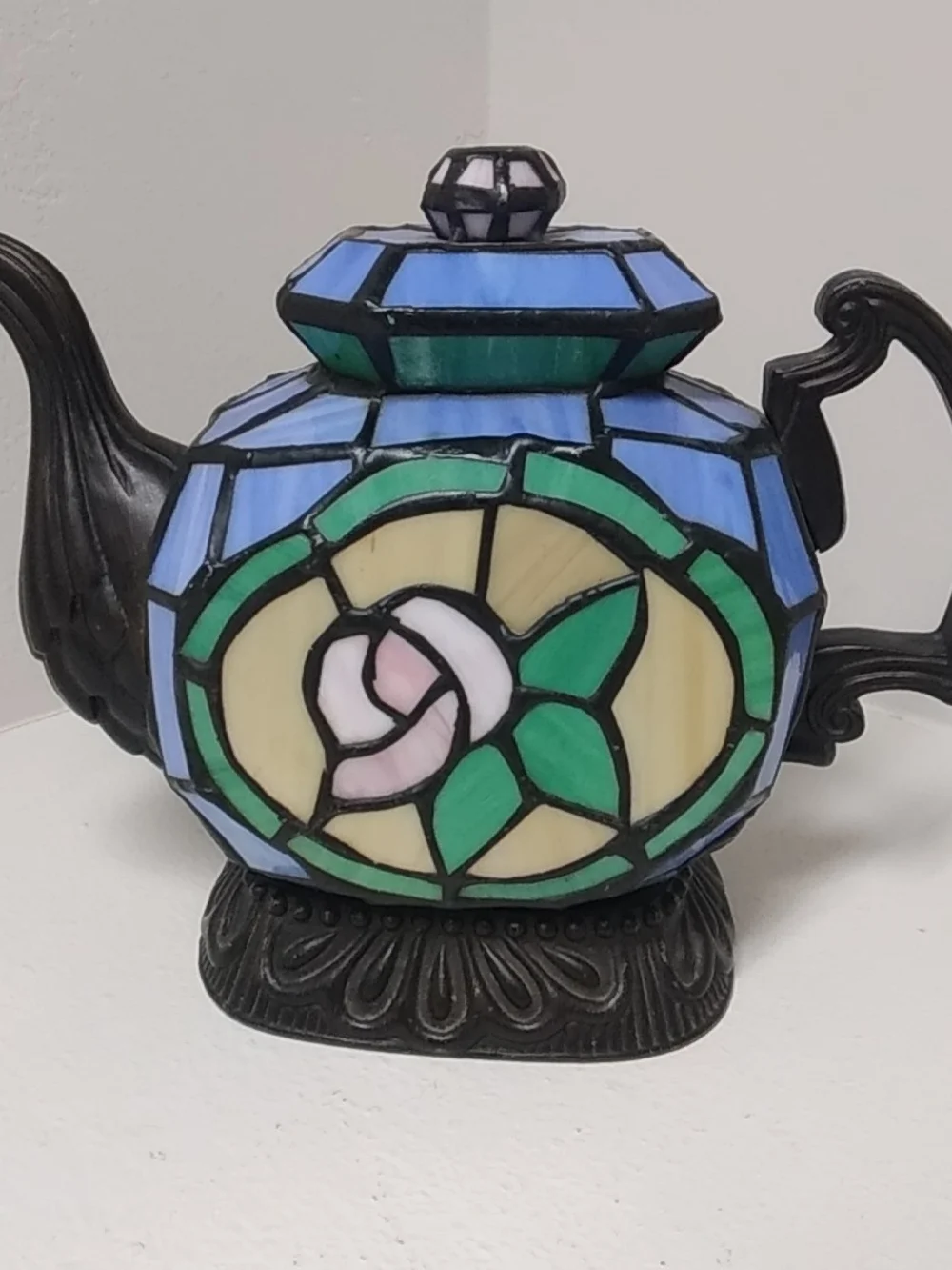 Tiffany Style Stained Glass Teapot Accent Lamp W/ Roses Nightlight Mood Light